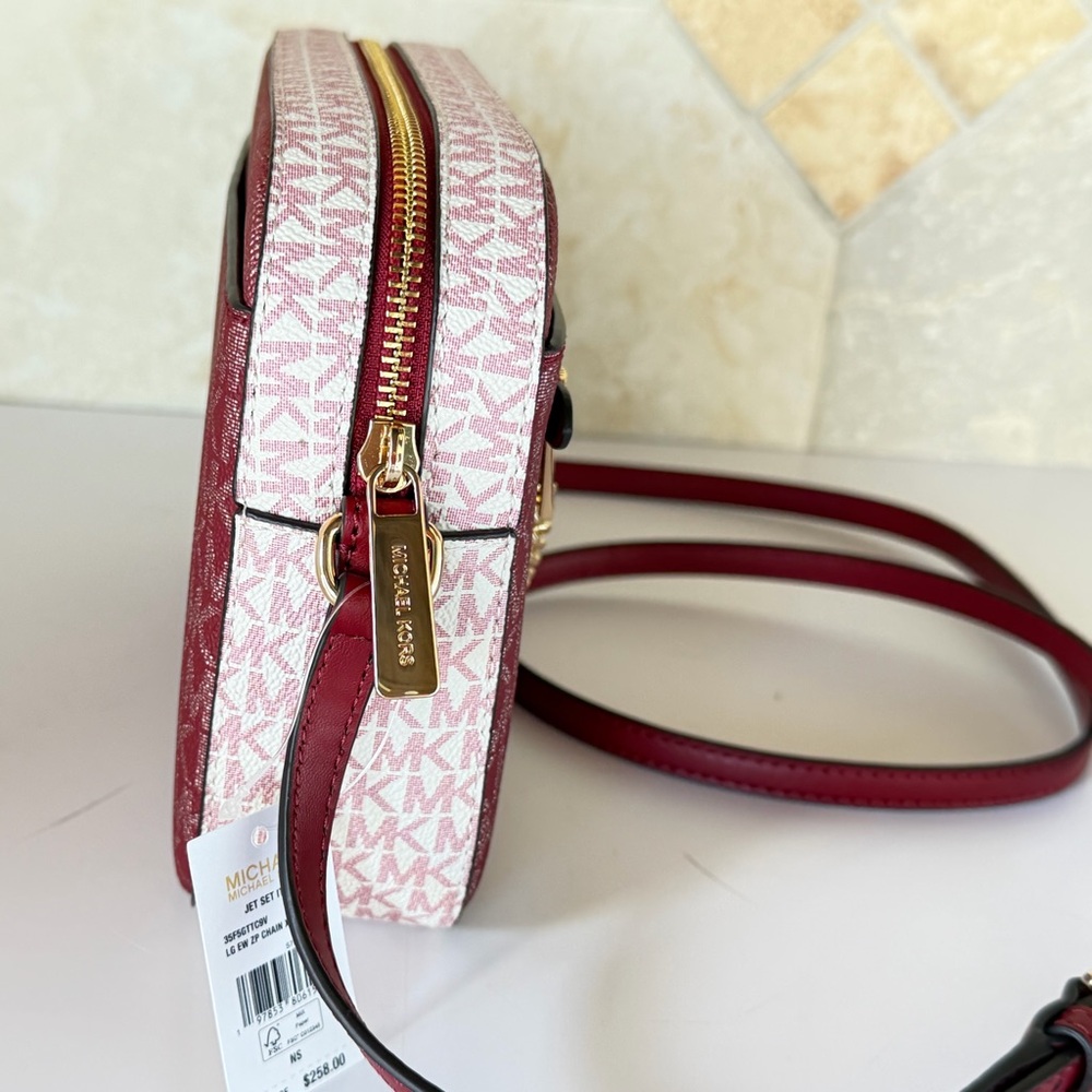 Michael Kors Jet Set Item Chain Zip Crossbody Bag Color-Block MK Cherry Multi - Picture 14 of 14
